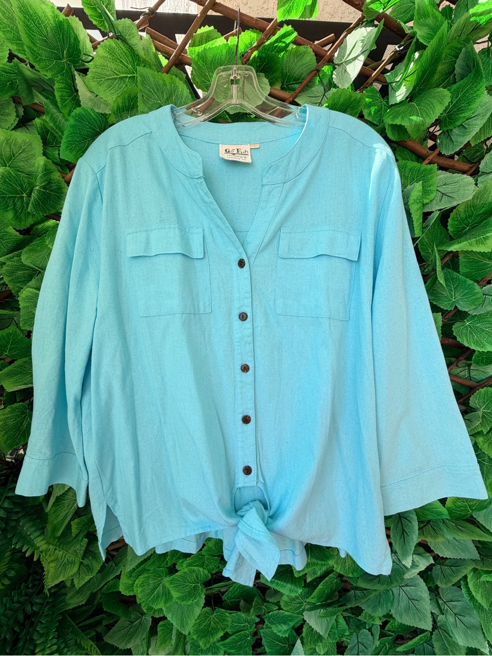 Women's Light Blue Button-Front Tie Hem Top